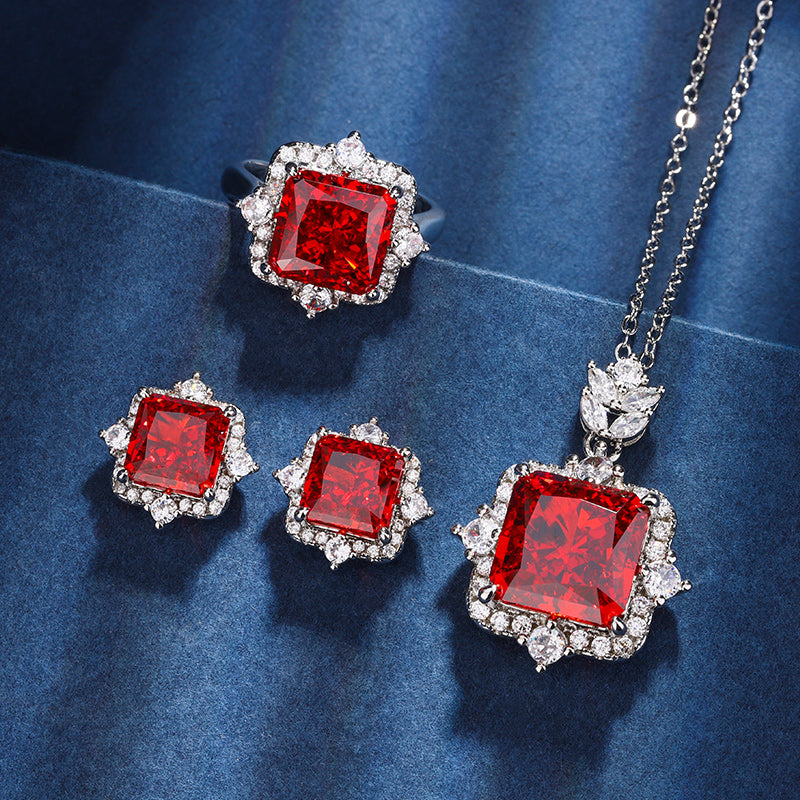 Vintage Ice-Flower Cut High Carbon Diamond Jewelry Set – Copper-Base Gold-Plated with Princess-Cut Ruby Red Simulated Diamond, Necklace, Ring, and Earrings Ensemble, Luxury Statement Jewelry