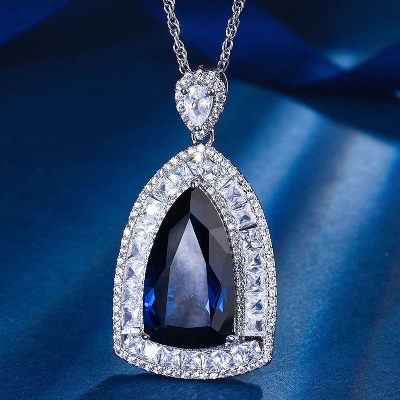 Multi-Color Teardrop Cubic Zirconia Statement Necklace – Silver-Tone Geometric Halo Design with Ruby, Sapphire, Emerald & Paraiba Hues