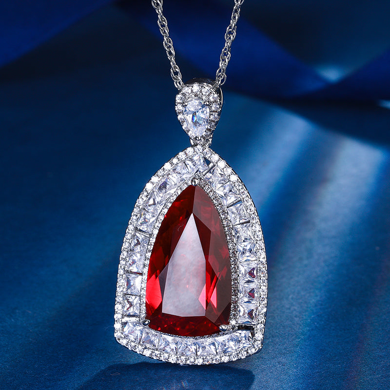 Multi-Color Teardrop Cubic Zirconia Statement Necklace – Silver-Tone Geometric Halo Design with Ruby, Sapphire, Emerald & Paraiba Hues