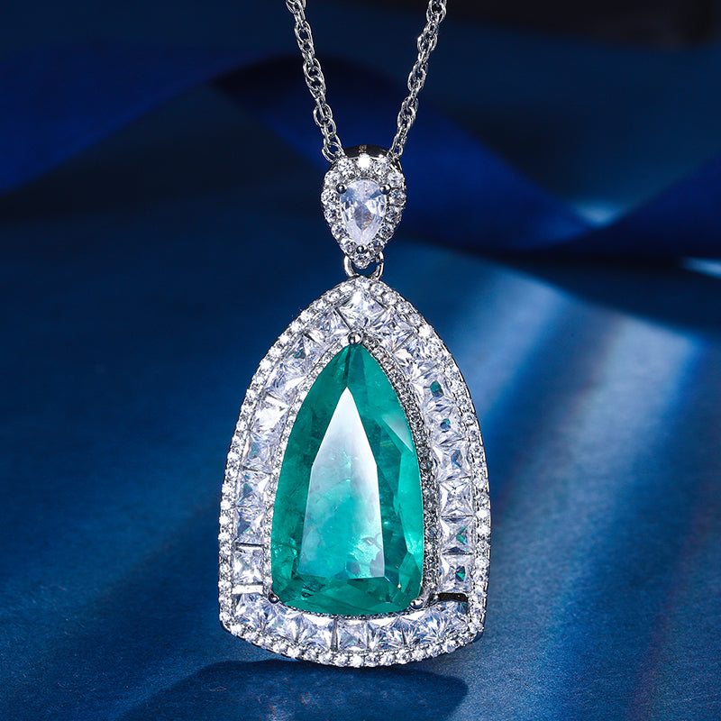 Multi-Color Teardrop Cubic Zirconia Statement Necklace – Silver-Tone Geometric Halo Design with Ruby, Sapphire, Emerald & Paraiba Hues