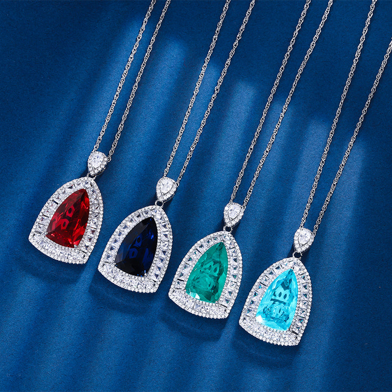 Multi-Color Teardrop Cubic Zirconia Statement Necklace – Silver-Tone Geometric Halo Design with Ruby, Sapphire, Emerald & Paraiba Hues