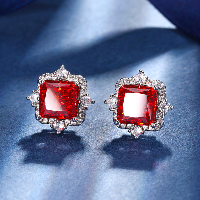 Vintage Ice-Flower Cut High Carbon Diamond Jewelry Set – Copper-Base Gold-Plated with Princess-Cut Ruby Red Simulated Diamond, Necklace, Ring, and Earrings Ensemble, Luxury Statement Jewelry