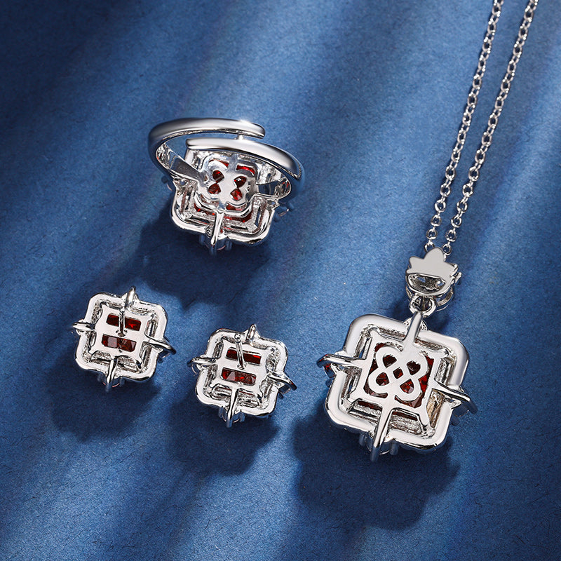 Vintage Ice-Flower Cut High Carbon Diamond Jewelry Set – Copper-Base Gold-Plated with Princess-Cut Ruby Red Simulated Diamond, Necklace, Ring, and Earrings Ensemble, Luxury Statement Jewelry