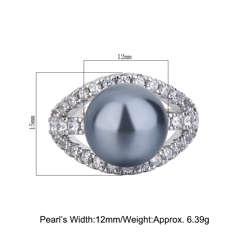 Modern Baroque Pearl Statement Ring – Copper-Base Gold-Plated with Cubic Zirconia Halo, Dual-Tone (White/Gray) Luxury Jewelry