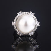 Vintage Baroque Pearl Statement Ring – Copper-Base Gold-Plated with Cubic Zirconia Halo, Art Deco Luxury Jewelry