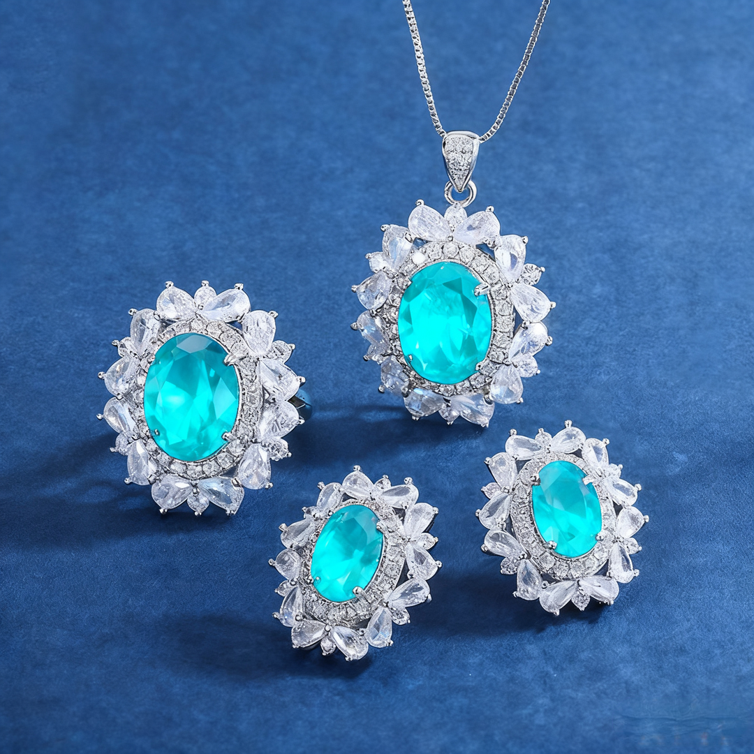 Neon Blue-Green Paraiba Tourmaline-Inspired Jewelry Set – Necklace, Ring & Earrings with Silver-Tone Floral Design