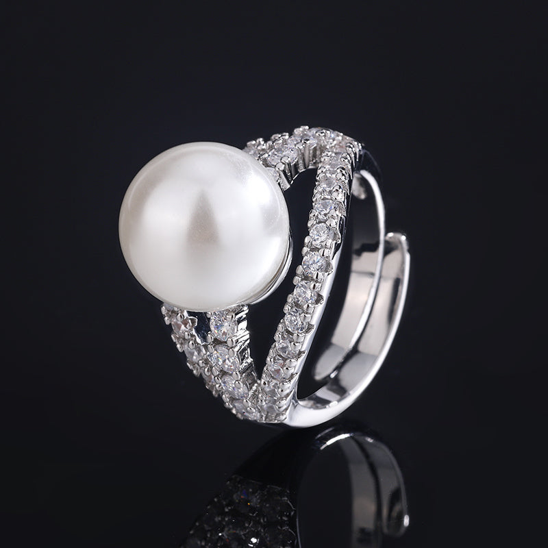 Modern Baroque Pearl Statement Ring – Copper-Base Gold-Plated with Cubic Zirconia Halo, Dual-Tone (White/Gray) Luxury Jewelry