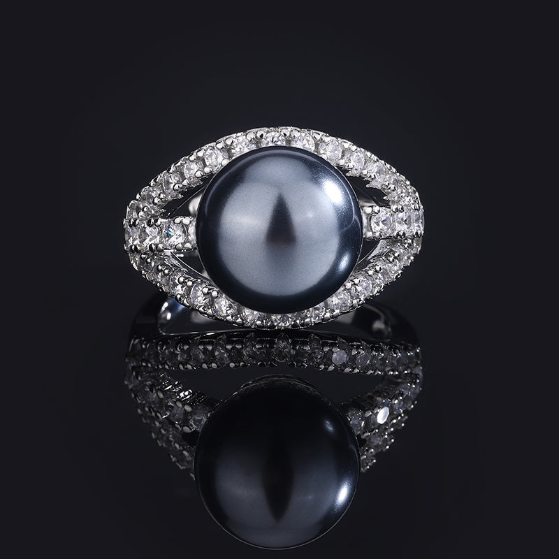 Modern Baroque Pearl Statement Ring – Copper-Base Gold-Plated with Cubic Zirconia Halo, Dual-Tone (White/Gray) Luxury Jewelry