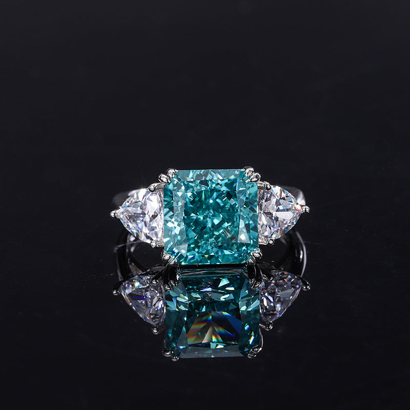 Vintage Asscher-Cut Blue Topaz Cubic Zirconia Ring – Statement Silver-Tone Design with Trillion Accents
