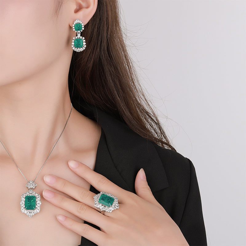 Vintage Emerald-Cut Gemstone Jewelry Set – Necklace, Ring, and Earrings Ensemble with Silver-Tone Halo of White Zirconia, Statement Formal Jewelry