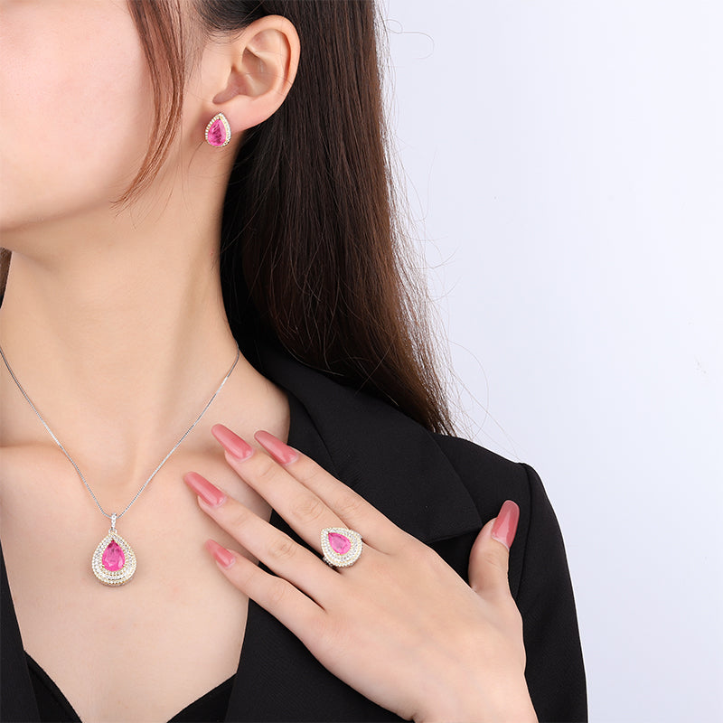 Teardrop Cubic Zirconia Jewelry Set – Pink & Purple Options, Ring, Necklace & Earrings with Two-Tone Gold-Silver Design