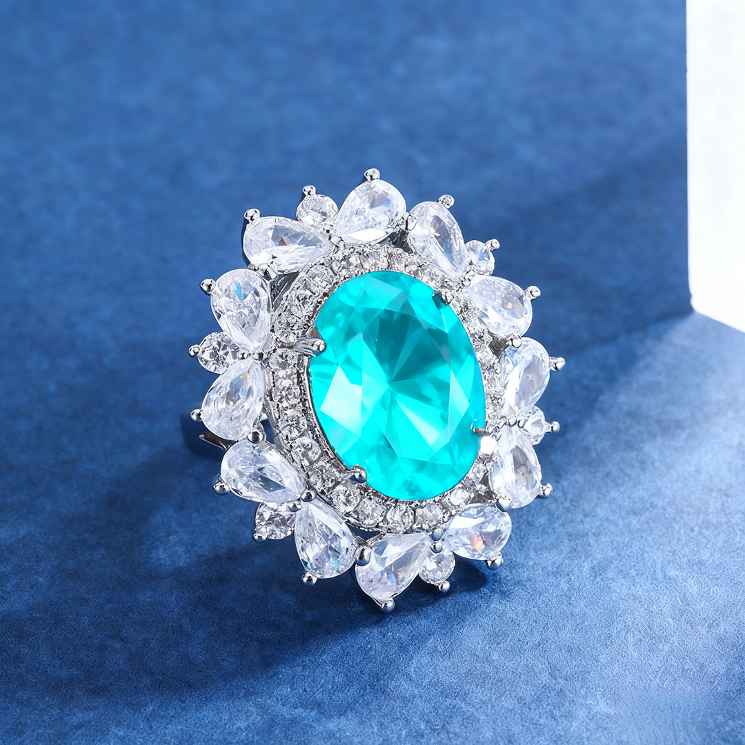 Neon Blue-Green Paraiba Tourmaline-Inspired Jewelry Set – Necklace, Ring & Earrings with Silver-Tone Floral Design