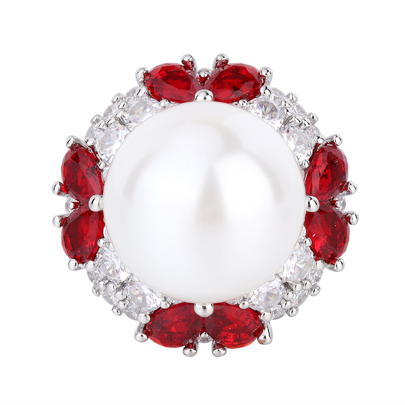 Opulent Pearl & Colored CZ Statement Ring – Retro-Inspired Design with Silver-Tone Finish, Available in Red, Blue, Green