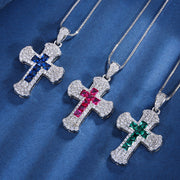 Colorful Cubic Zirconia Cross Pendant Necklace for Men Women – 3 Styles (Blue, Red, Green) with Copper Chain
