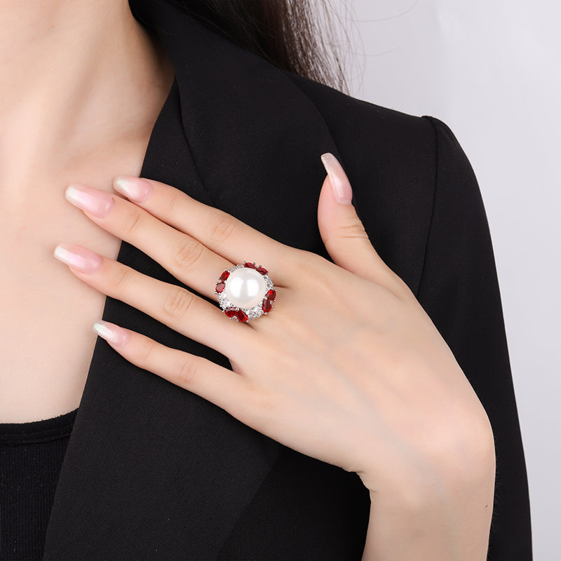 Opulent Pearl & Colored CZ Statement Ring – Retro-Inspired Design with Silver-Tone Finish, Available in Red, Blue, Green