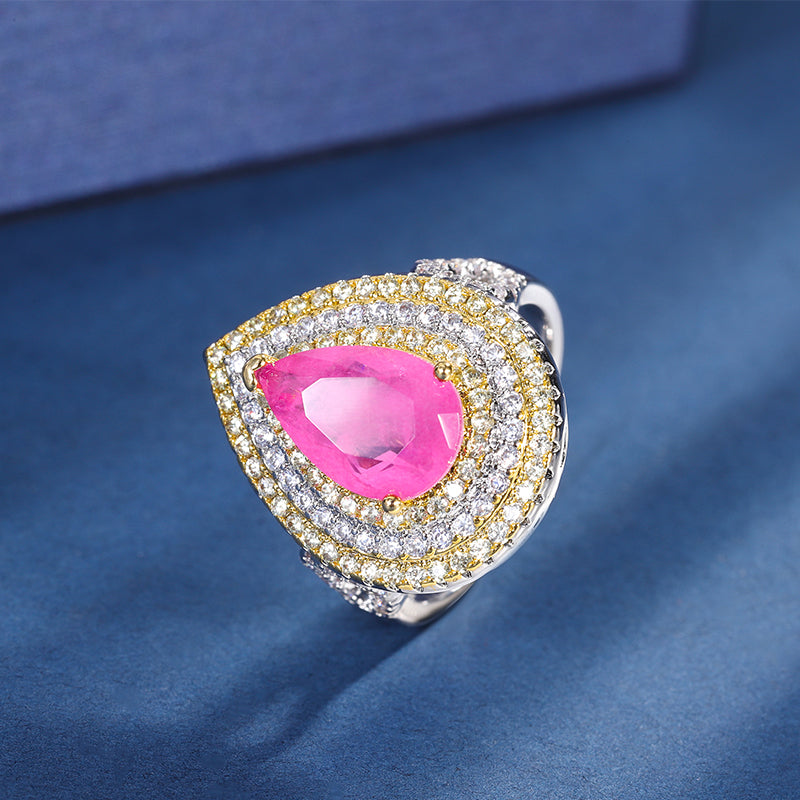 Teardrop Cubic Zirconia Jewelry Set – Pink & Purple Options, Ring, Necklace & Earrings with Two-Tone Gold-Silver Design