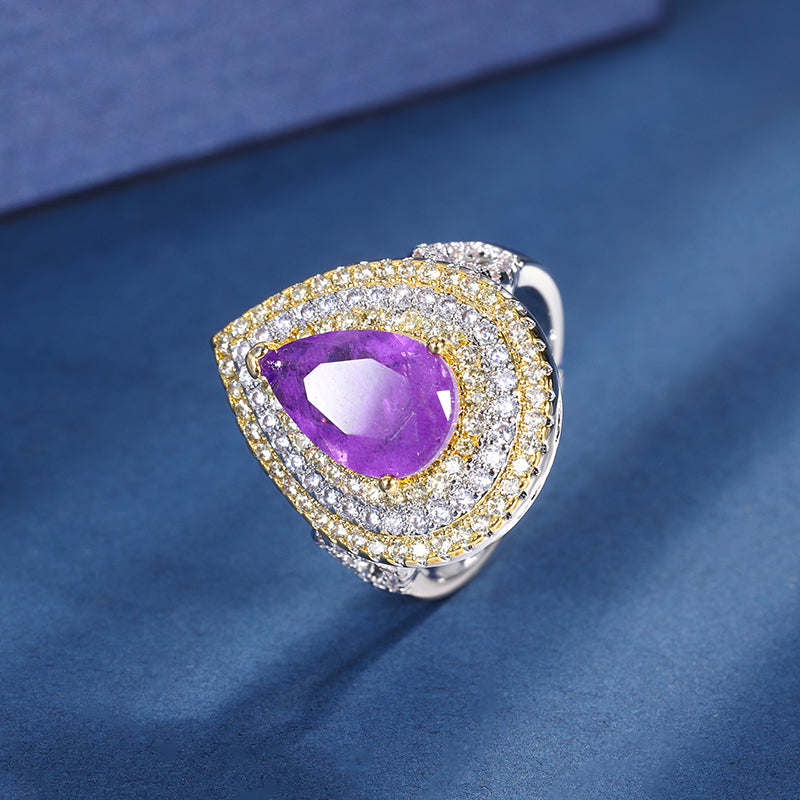 Teardrop Cubic Zirconia Jewelry Set – Pink & Purple Options, Ring, Necklace & Earrings with Two-Tone Gold-Silver Design