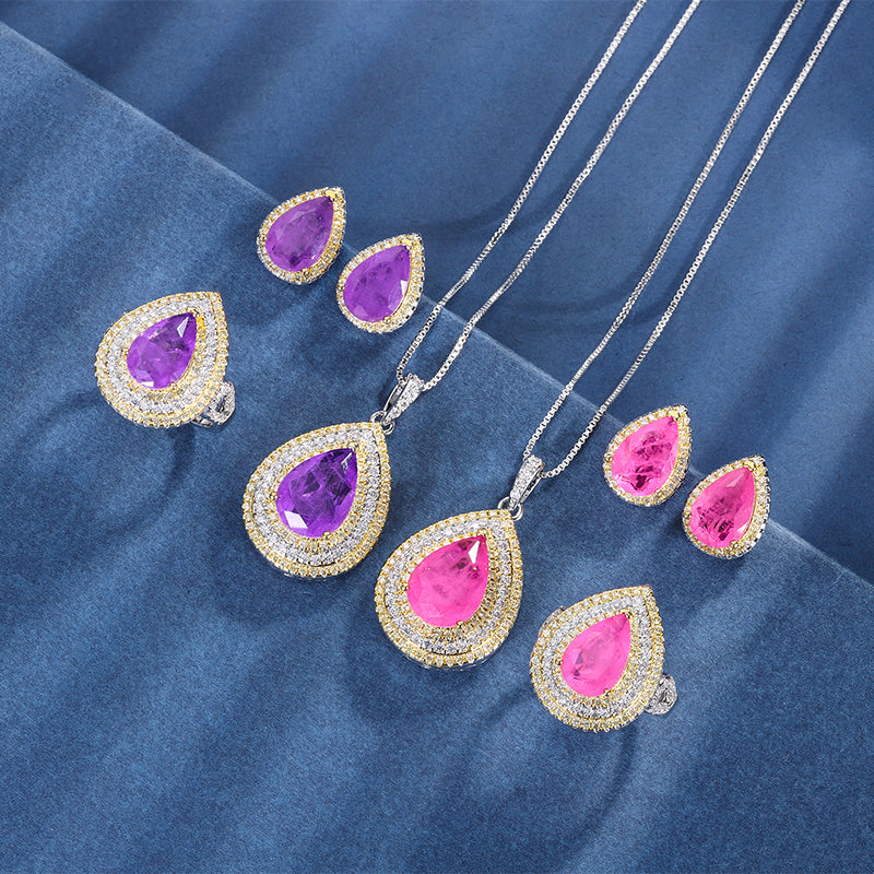 Teardrop Cubic Zirconia Jewelry Set – Pink & Purple Options, Ring, Necklace & Earrings with Two-Tone Gold-Silver Design