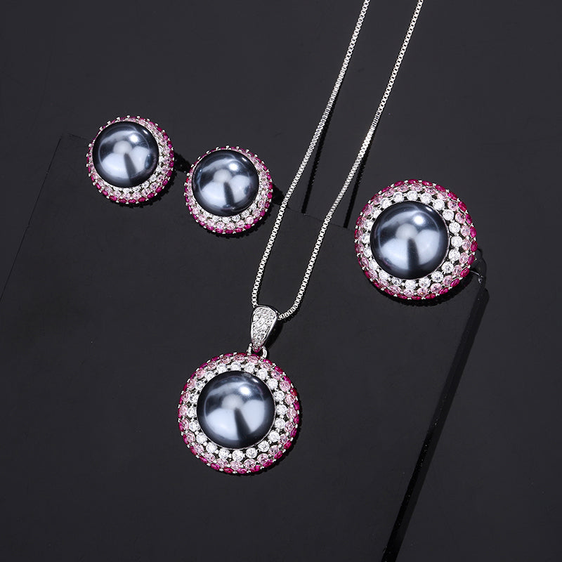 Vintage Black Pearl Cocktail Jewelry Set – Gradient Pink-to-Red Gemstones & Pave Zircon Accents, Necklace, Ring, and Earrings Ensemble