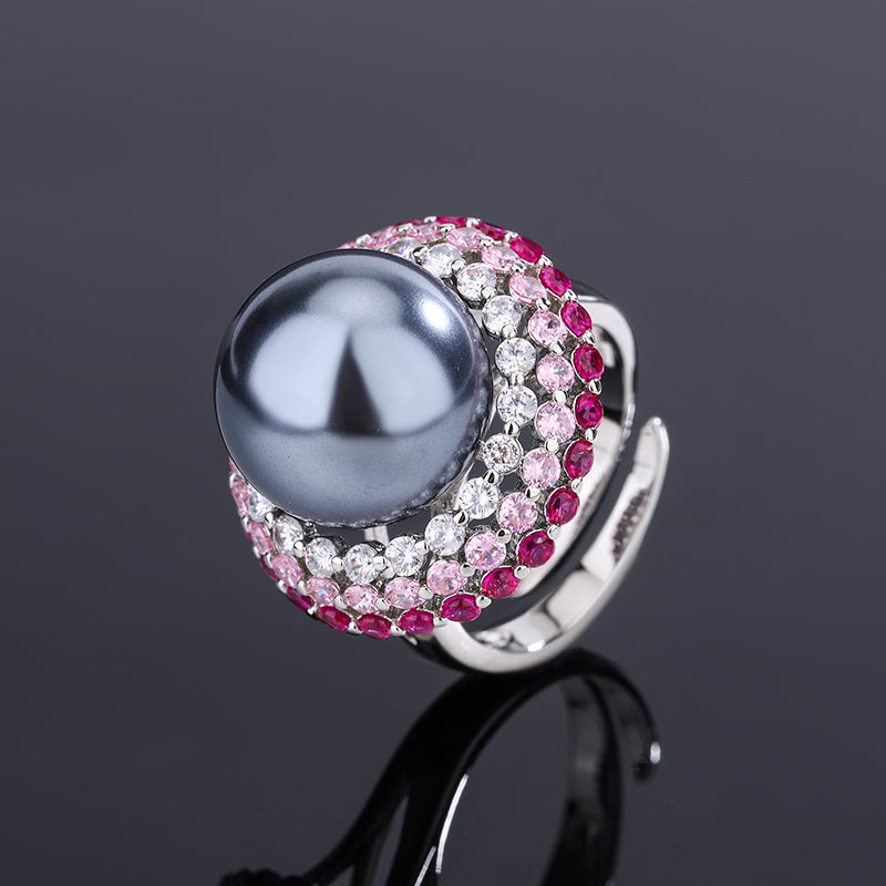 Vintage Black Pearl Cocktail Jewelry Set – Gradient Pink-to-Red Gemstones & Pave Zircon Accents, Necklace, Ring, and Earrings Ensemble