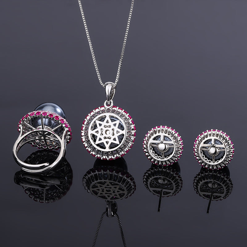 Vintage Black Pearl Cocktail Jewelry Set – Gradient Pink-to-Red Gemstones & Pave Zircon Accents, Necklace, Ring, and Earrings Ensemble