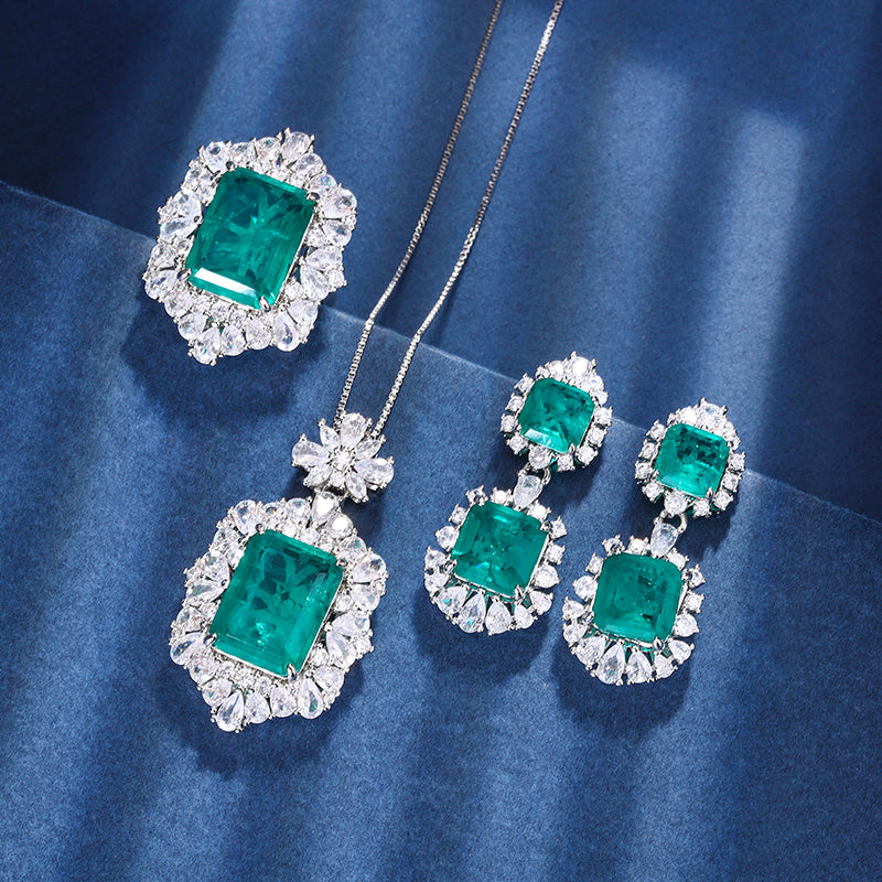 Vintage Emerald-Cut Gemstone Jewelry Set – Necklace, Ring, and Earrings Ensemble with Silver-Tone Halo of White Zirconia, Statement Formal Jewelry