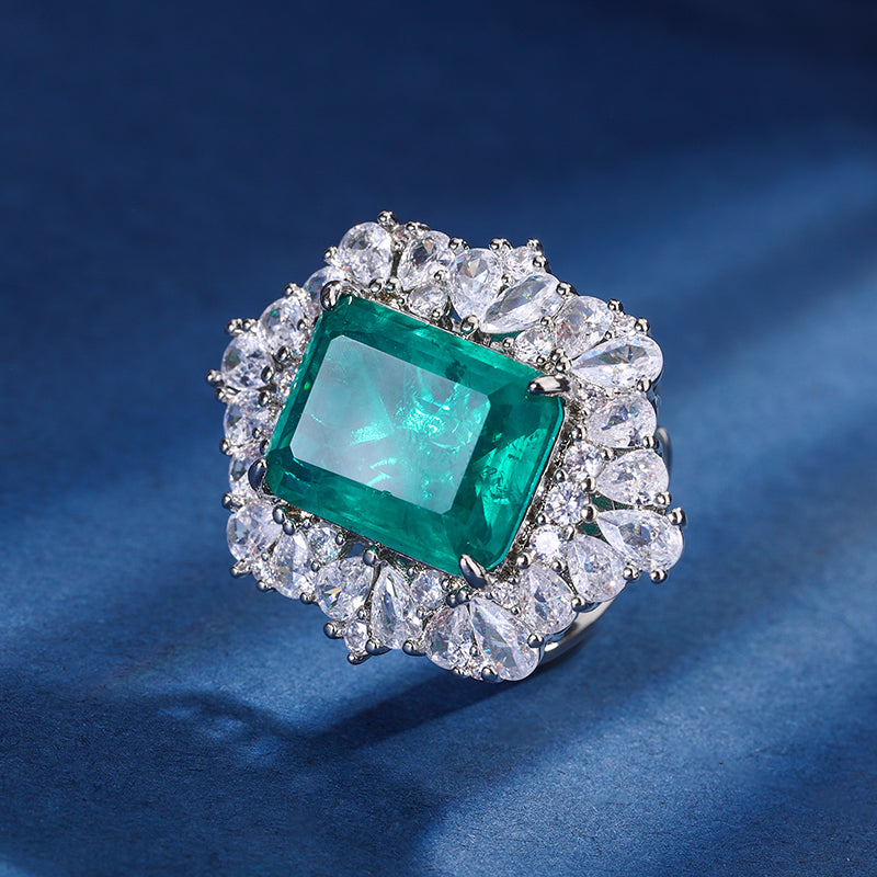 Vintage Emerald-Cut Gemstone Jewelry Set – Necklace, Ring, and Earrings Ensemble with Silver-Tone Halo of White Zirconia, Statement Formal Jewelry