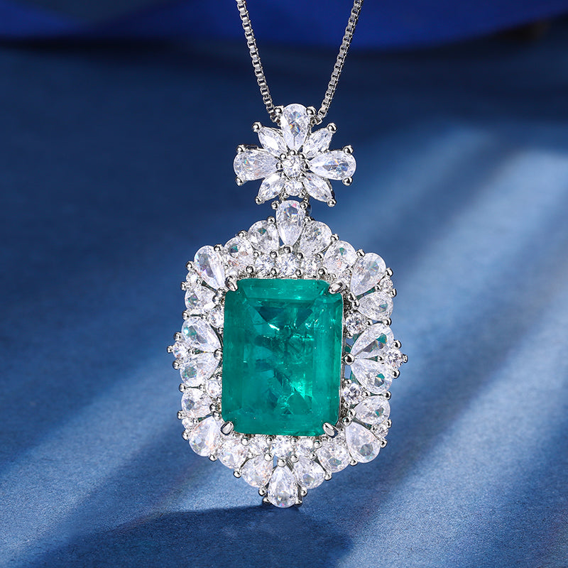 Vintage Emerald-Cut Gemstone Jewelry Set – Necklace, Ring, and Earrings Ensemble with Silver-Tone Halo of White Zirconia, Statement Formal Jewelry