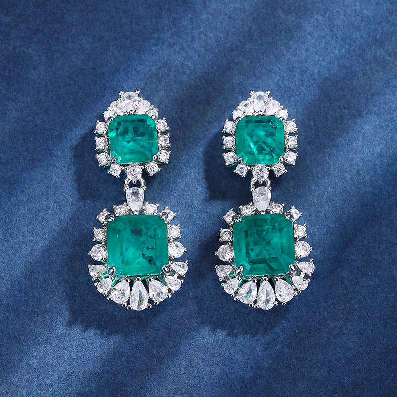 Vintage Emerald-Cut Gemstone Jewelry Set – Necklace, Ring, and Earrings Ensemble with Silver-Tone Halo of White Zirconia, Statement Formal Jewelry