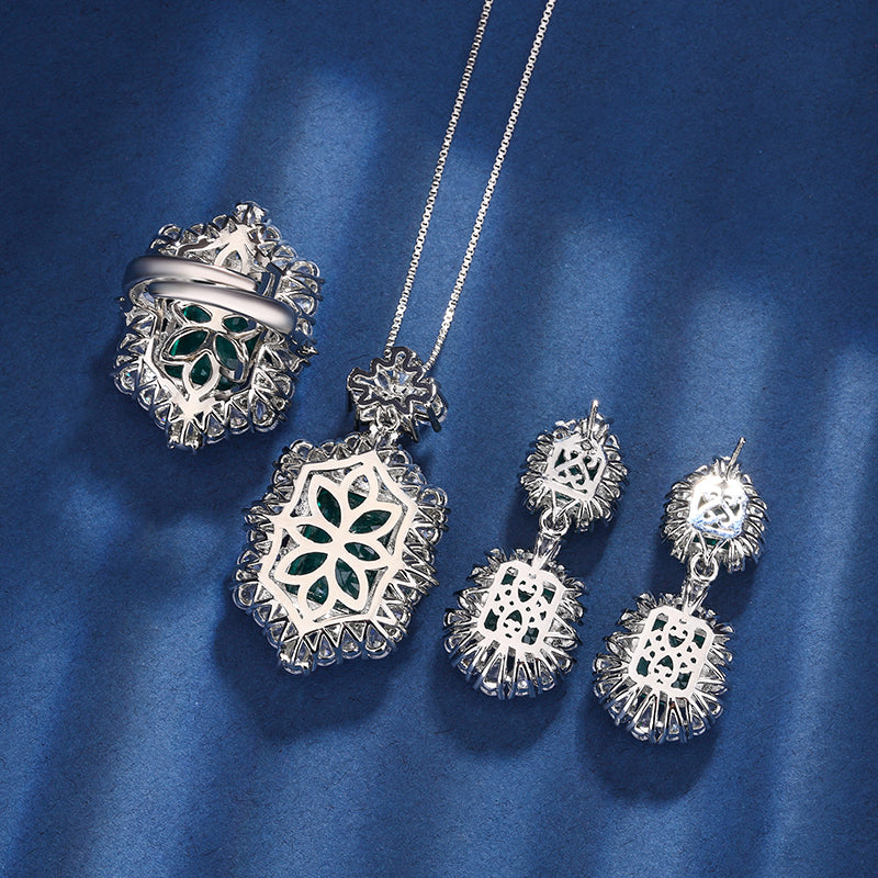 Vintage Emerald-Cut Gemstone Jewelry Set – Necklace, Ring, and Earrings Ensemble with Silver-Tone Halo of White Zirconia, Statement Formal Jewelry