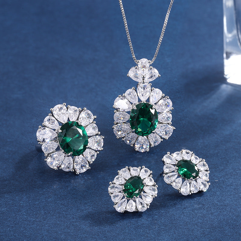 Vintage Green Zircon Jewelry Set - Necklace, Ring & Earrings with Cubic Zirconia, Copper Base Elegant Statement Jewelry for Women