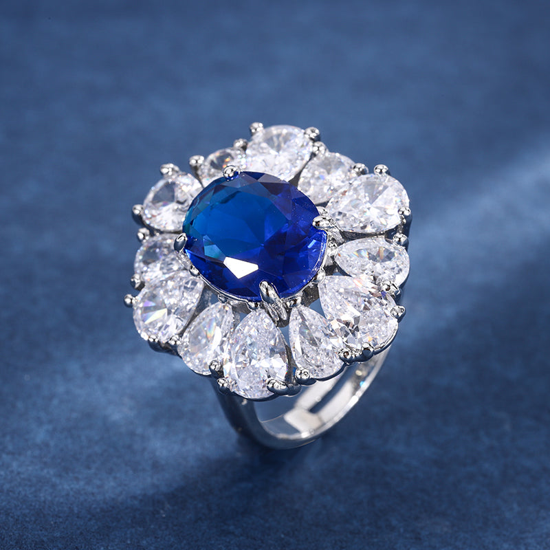 Vintage Blue Zircon Jewelry Set - Necklace, Ring & Earrings with Cubic Zirconia, Copper Base Elegant Statement Jewelry for Women