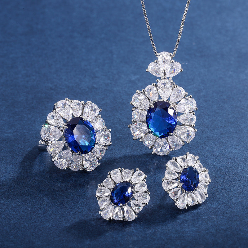 Vintage Blue Zircon Jewelry Set - Necklace, Ring & Earrings with Cubic Zirconia, Copper Base Elegant Statement Jewelry for Women