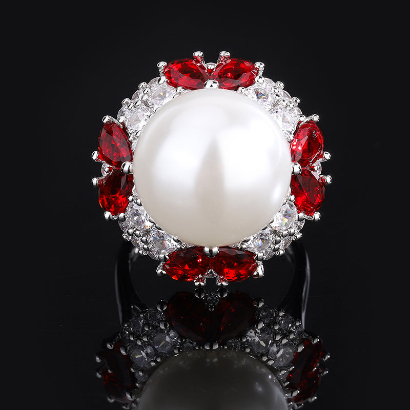 Opulent Pearl & Colored CZ Statement Ring – Retro-Inspired Design with Silver-Tone Finish, Available in Red, Blue, Green