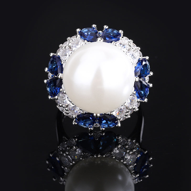 Opulent Pearl & Colored CZ Statement Ring – Retro-Inspired Design with Silver-Tone Finish, Available in Red, Blue, Green