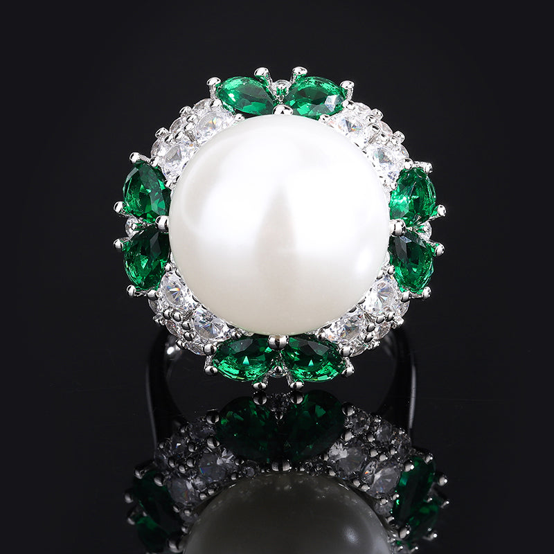 Opulent Pearl & Colored CZ Statement Ring – Retro-Inspired Design with Silver-Tone Finish, Available in Red, Blue, Green