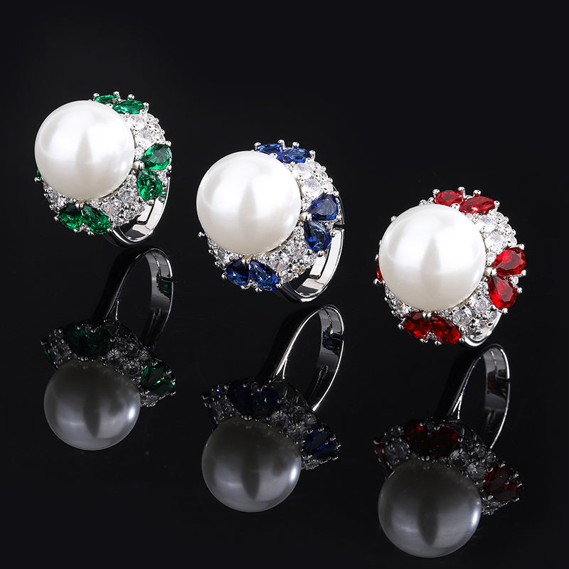 Opulent Pearl & Colored CZ Statement Ring – Retro-Inspired Design with Silver-Tone Finish, Available in Red, Blue, Green