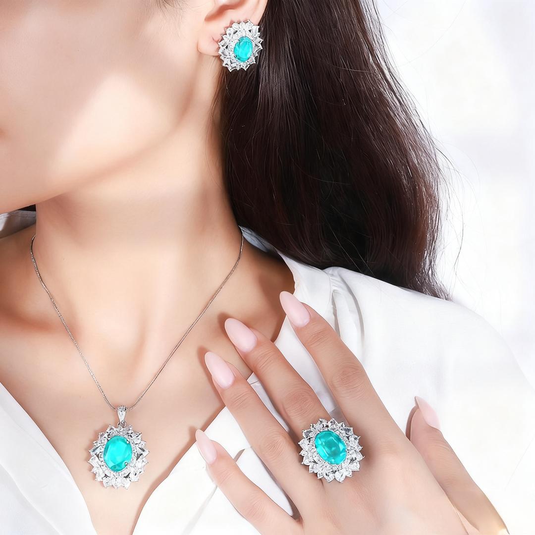 Neon Blue-Green Paraiba Tourmaline-Inspired Jewelry Set – Necklace, Ring & Earrings with Silver-Tone Floral Design