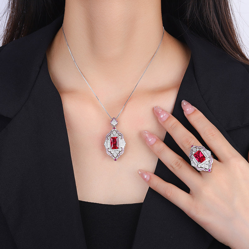 Vintage Art Deco Gemstone Jewelry Set – Ruby, Emerald, and Sapphire-Inspired Cubic Zirconia with Silver-Tone Floral Halo, Pendant Necklace and Ring Ensemble