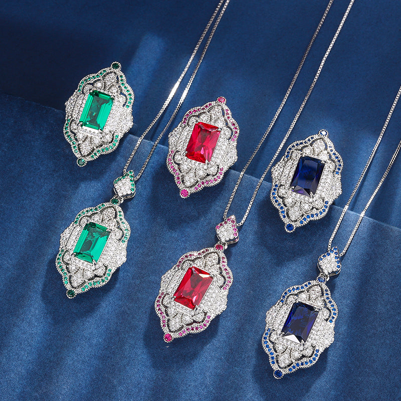 Vintage Art Deco Gemstone Jewelry Set – Ruby, Emerald, and Sapphire-Inspired Cubic Zirconia with Silver-Tone Floral Halo, Pendant Necklace and Ring Ensemble