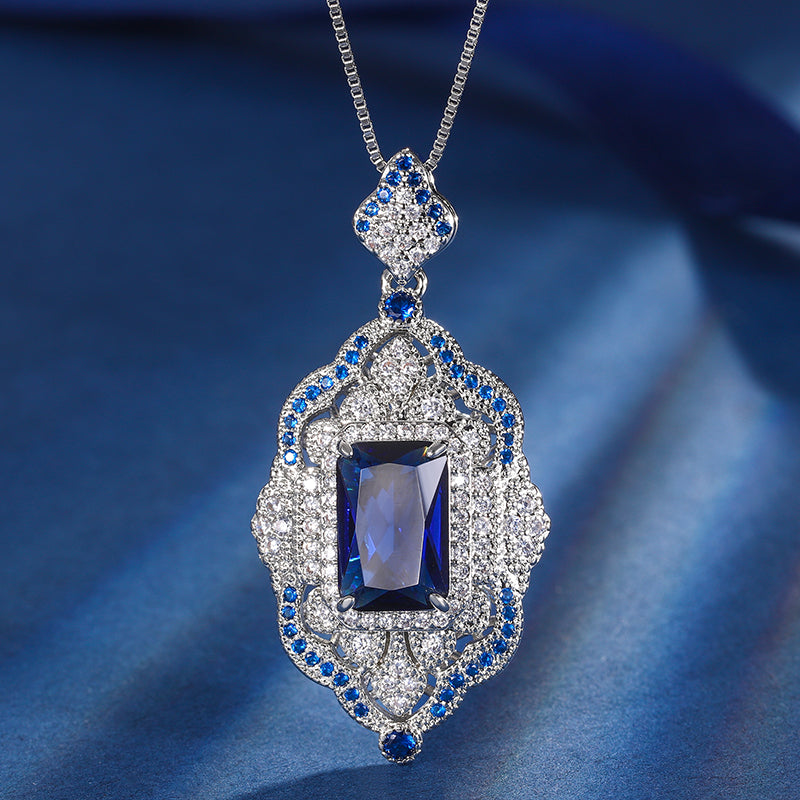 Vintage Art Deco Gemstone Jewelry Set – Ruby, Emerald, and Sapphire-Inspired Cubic Zirconia with Silver-Tone Floral Halo, Pendant Necklace and Ring Ensemble