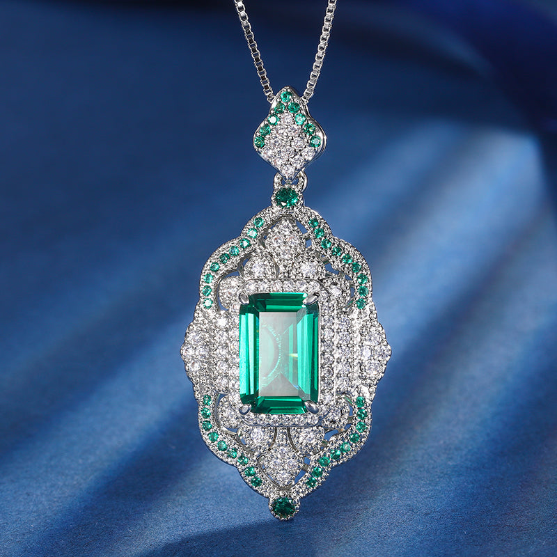 Vintage Art Deco Gemstone Jewelry Set – Ruby, Emerald, and Sapphire-Inspired Cubic Zirconia with Silver-Tone Floral Halo, Pendant Necklace and Ring Ensemble