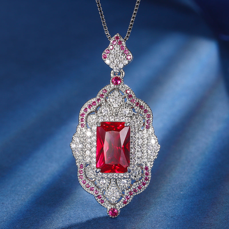 Vintage Art Deco Gemstone Jewelry Set – Ruby, Emerald, and Sapphire-Inspired Cubic Zirconia with Silver-Tone Floral Halo, Pendant Necklace and Ring Ensemble