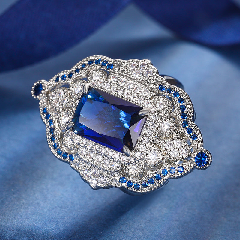 Vintage Art Deco Gemstone Jewelry Set – Ruby, Emerald, and Sapphire-Inspired Cubic Zirconia with Silver-Tone Floral Halo, Pendant Necklace and Ring Ensemble