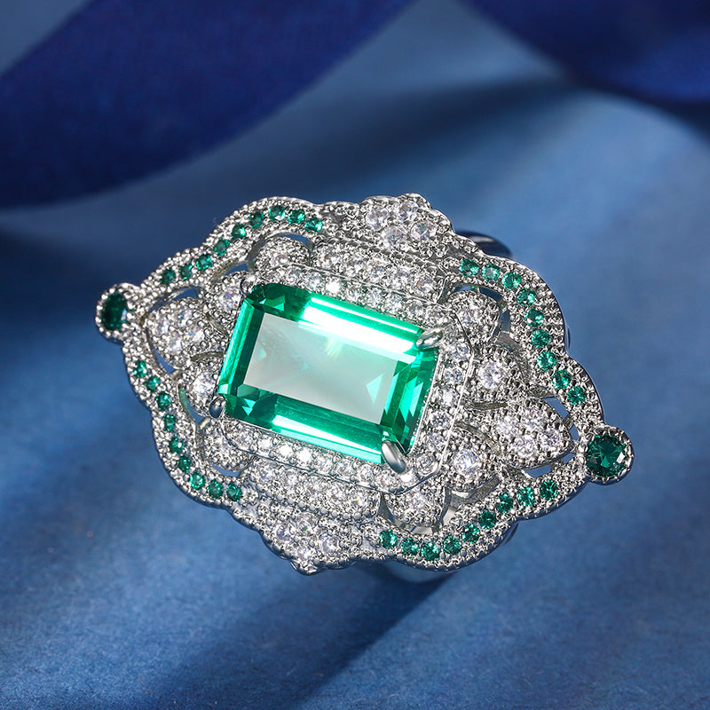 Vintage Art Deco Gemstone Jewelry Set – Ruby, Emerald, and Sapphire-Inspired Cubic Zirconia with Silver-Tone Floral Halo, Pendant Necklace and Ring Ensemble