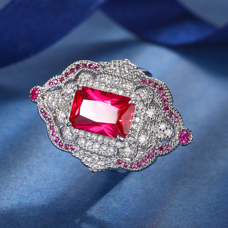 Vintage Art Deco Gemstone Jewelry Set – Ruby, Emerald, and Sapphire-Inspired Cubic Zirconia with Silver-Tone Floral Halo, Pendant Necklace and Ring Ensemble