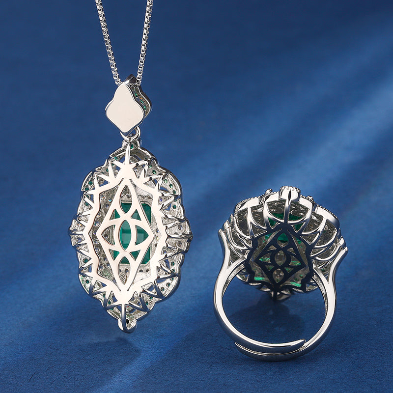 Vintage Art Deco Gemstone Jewelry Set – Ruby, Emerald, and Sapphire-Inspired Cubic Zirconia with Silver-Tone Floral Halo, Pendant Necklace and Ring Ensemble