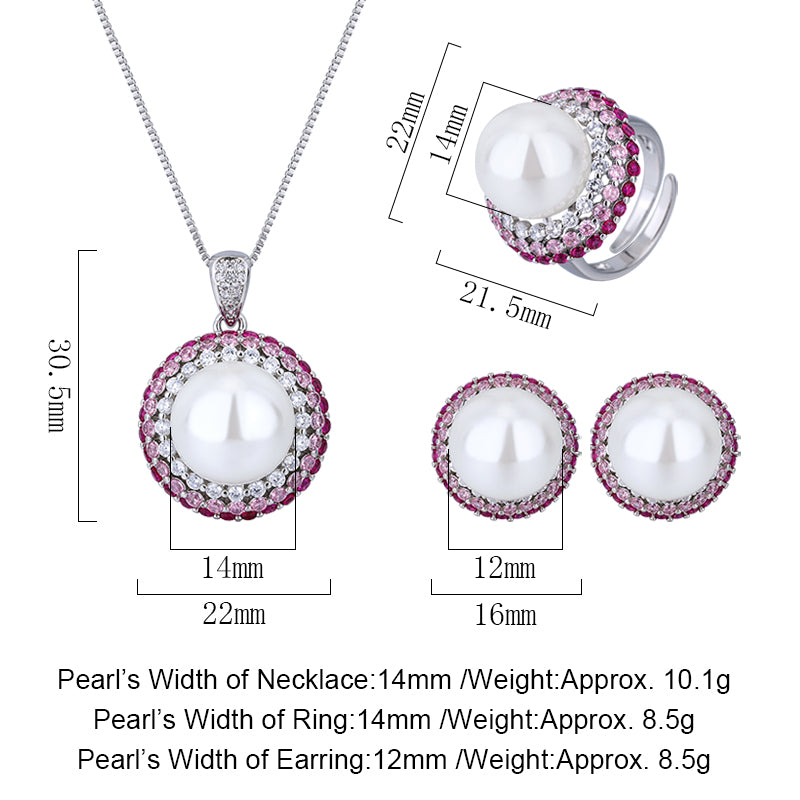Vintage White Pearl Cocktail Jewelry Set – Gradient Pink-to-Red Gemstones & Pave Zircon Accents, Necklace, Ring, and Earrings Ensemble