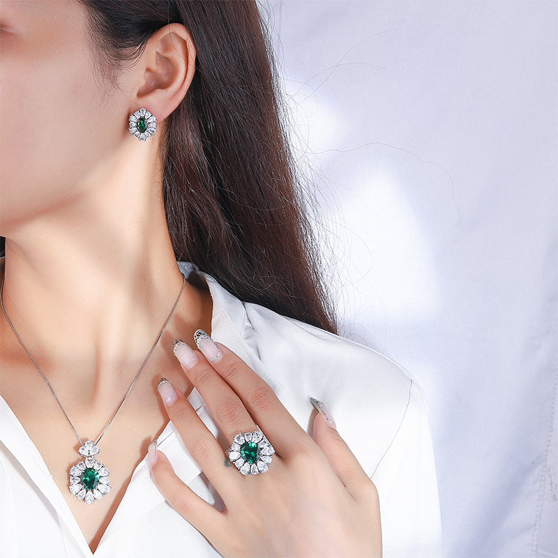 Vintage Green Zircon Jewelry Set - Necklace, Ring & Earrings with Cubic Zirconia, Copper Base Elegant Statement Jewelry for Women