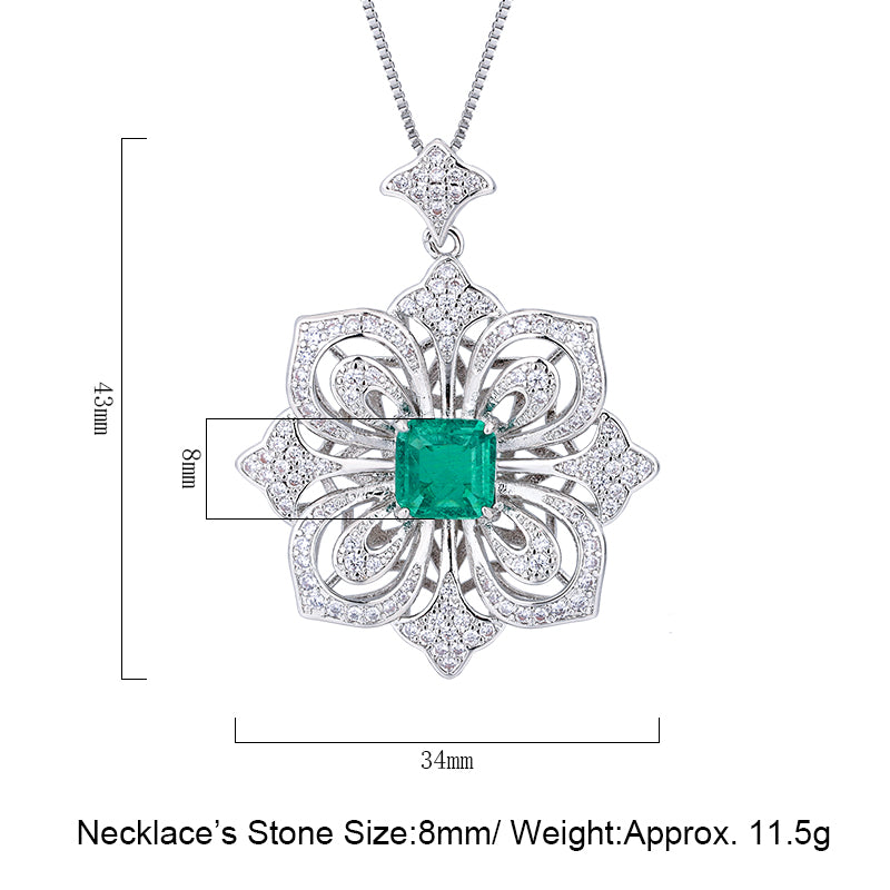 Vintage Camellia Floral Pendant Necklace – Copper-Base Gold-Plated with Square Cubic Zirconia (Ruby, Emerald, Paraiba-Inspired), Art Deco Statement Jewelry